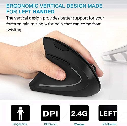 Ergonomic Left-Handed Wireless Vertical Mouse, 2.4G, 3 Adjustable DPI (800/1200/1600), Specially for Left Handers