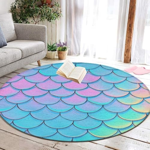 Home Decor Non Slip Kitchen Office Circle Rug, Machine Washable Modern Round Area Rug, Room Sofa Yoga Soft Round Carpet Beautiful Mermaid Fish Scale