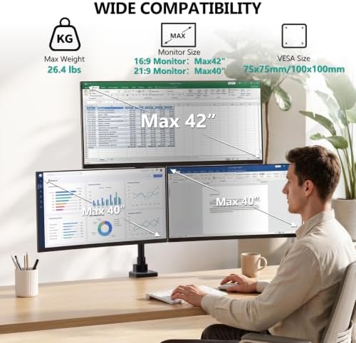 WALI Stacked Triple Monitor Mount for 13-42 inch Curved Screen, Max 26.4lbs