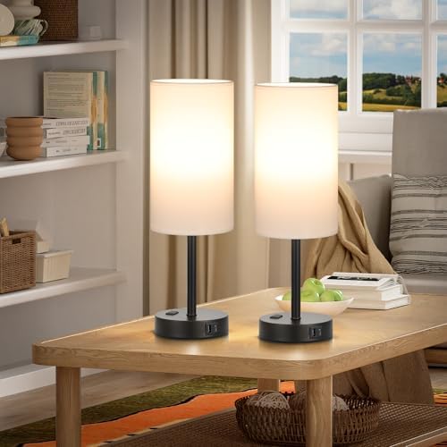 Touch Bedside Table Lamps Set of 2 - Bedroom Lamp with USB A+C, AC Outlet