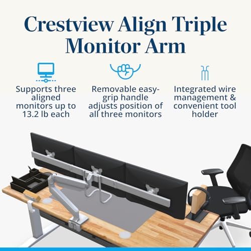 UPLIFT DESK Crestview Align Triple Monitor Stand - Gas Spring Monitor Mount with Adjustment Handle Fits 13-32” Inch Displays, VESA Compatible, Clamp or Grommet Mounting, Fits Standing Desks (Gray)