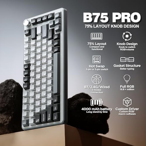 YUNZII B75 PRO 75% Wireless Mechanical Keyboard (Grey, Cocoa Cream V2)