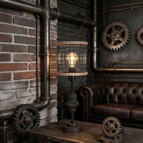 Black Industrial Metal Mesh Table Lamp, 20" Tall Farmhouse Bedside Lamp with Burlap Trim, 5ft Brown Cord & Rotary Switch, E26 Bakelite Socket for Bedroom Living Room