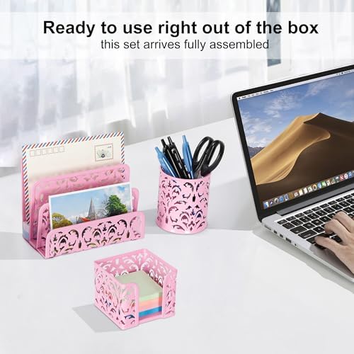 EasyPAG Desk Organizers and Accessories 3 Pieces Office Organizer Set - Pen Holder for Desk, Mail Sorter Countertop and Sticky Note Holder, Pink