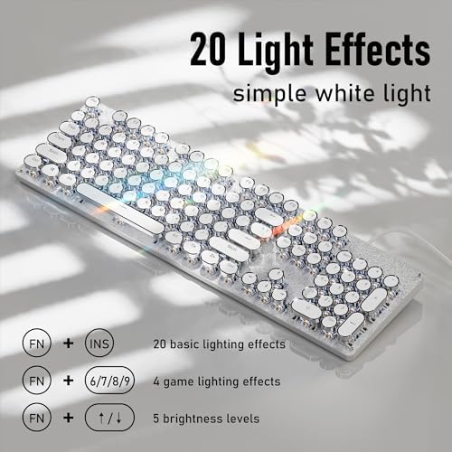 Wired Typewriter Style Mechanical Gaming Keyboard with White Backlit-White