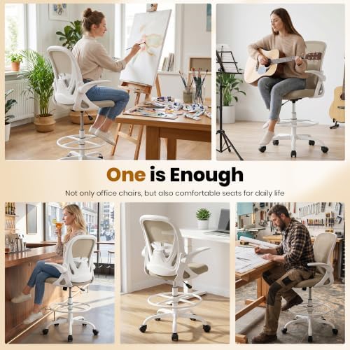 Primy Drafting Chair Tall Office Chair with Flip-up Armrests Executive Ergonomic Computer Standing Desk Chair with Lumbar Support and Adjustable Footrest Ring（Khaki）