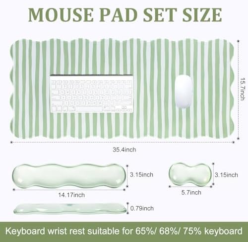 L-SPOUTTO Green Striped Mouse Pad Set,Scalloped Cute XXL Desk Mat Set