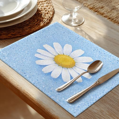 Shrahala Botanical Daisy Set of 4 12 x 18 Inch Linen Placemats, Soft Blue Background Burlap Table Mat Washable Double Layered Heat Insulation for Indoor/Outdoor