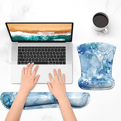 ITNRSIIET Mouse Pad Wrist Support Keyboard Wrist Rest Pad Ergonomic Mousepad Non-Slip Memory Foam Keyboard Pad Easy Typing Pain Relief Perfect for PC Laptop Gaming Office, Blue Abstract Marble