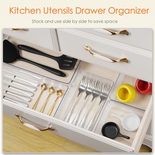 Criusia Drawer Organizer, 18 Pack Large Clear Plastic Kitchen Drawer Organizers Set, 6 Size Versatile Bathroom and Vanity Drawer Organizer Trays, Storage Bins for Makeup, Bedroom, Kitchen Utensils