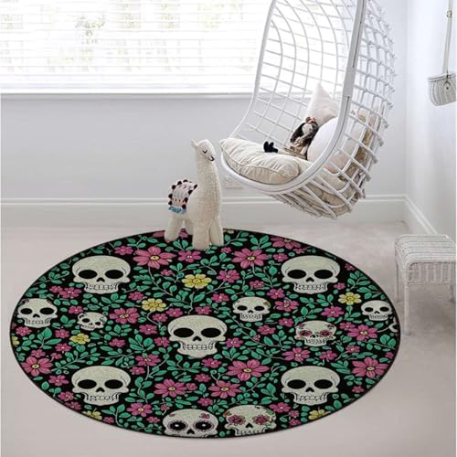 Dark Romantic Skull Round Chair Mat for Hardwood Floors, Gothic Nature Design Thick Floor Protector for Office & Home Computer Chairs, Green Diameter 35.4 in