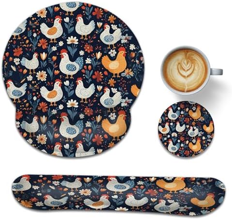 Rooster Hen Wrist Rest Support for Mouse Pad Keyboard Set, Flower Mouse Pad with Non Slip Rubber Base for Home and Office Typing Support