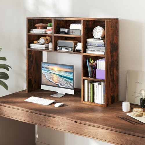 Giantex Desktop Bookshelf, Desk Hutch Dorm w/ 7 Cubes & 3 Adjustable Shelves, Desk Shelf for Up to 27" Computer Monitors, Wooden Desktop Storage Organizer for Dorm College Office Home, Rustic Brown