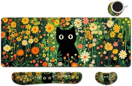 Desk Mat, Large Gaming Mouse Pad with Wrist Rest, 4 in1 XXL Mouse pad+Keyboard Wrist Rest+Mouse Pad Wrist Support+Cup Coaster Set, Ergonomic Desk Pad for Home Office,Floral Cat
