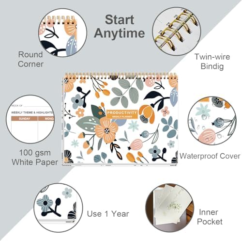 Weekly Productivity Planner - 8.5" x 11" Dashboard Desk Notepad Has 6 Focus Areas to List Tasks for Goals, Projects, Clients, Academic or Meal-Organize Your Daily Work Efficiently, 54 Weeks, Rose Flower