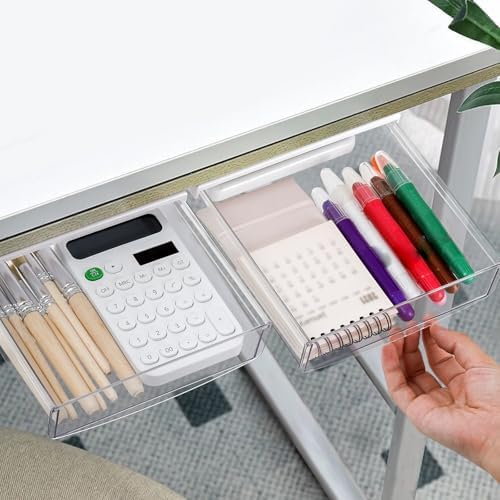 SOUJOY 3 Pack Under Desk Drawer, Self-Adhesive Slide Out Organizer Tray, Plastic Stick On Table Hidden Attachable Drawer Tray for Office Home School Kitchen