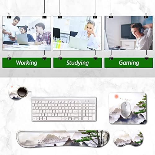 AIMSA Keyboard Wrist Rest Support + Mouse Pad + Mouse Wrist Rest + Coaster, Ergonomic Memory Foam Anti-Slip Rubber Base 4 PCS Set Easy Typing Pain Relief, Pine Tree Mountains
