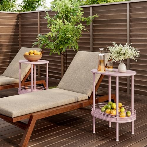 Small Oval Side Table with Storage, 2-Tier Pink End Table for Small Space