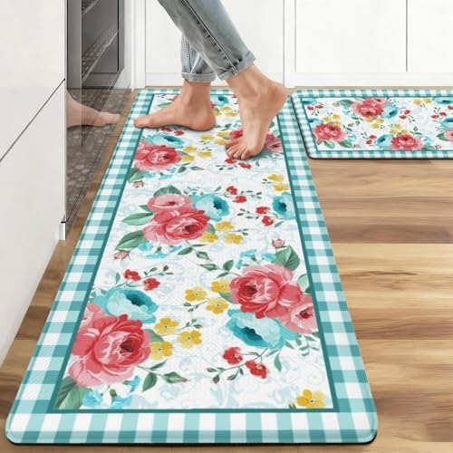 Pastel Floral Anti Fatigue Kitchen Rugs, 17.3"x47"+17.3"x29"