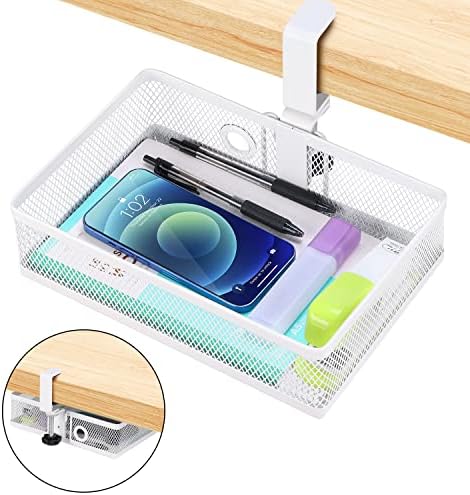 ROSYLINE Under Desk Storage Basket Hanging Drawer Tray, Clamp On Organizer