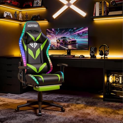 Led Gaming Chair with Speakers Massage 165° Reclining Computer Chairs-Green