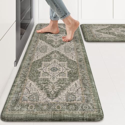 KIMODE Anti Fatigue Mats for Kitchen Floor, Green Distressed Kitchen Rugs