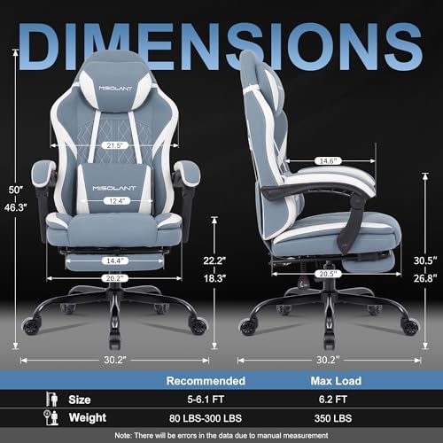 Misolant Gaming Chair, Fabric Gamer Chair with footrest for Adults, High Back Ergonomic Computer Game Chair with Adjustable Headrest and Massage Lumbar Support, 90-155° Recline Free, Blue