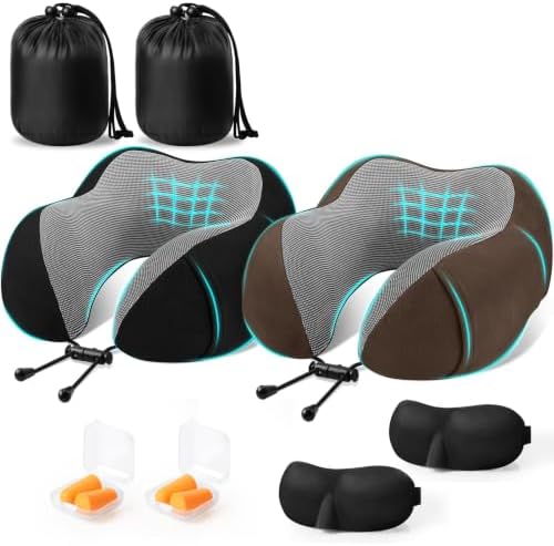 CloudBliss Memory Foam Travel Neck Pillow Airplane, 2 Pack, Black & Brown