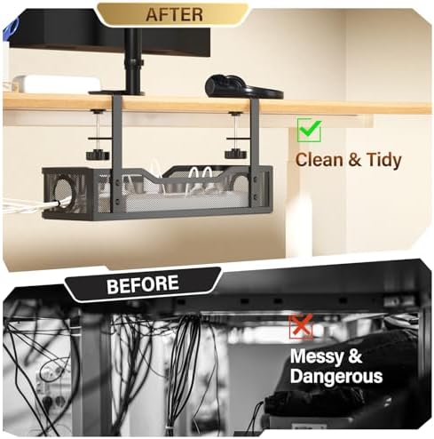 Under Desk Cable Management Large, Cinati 16" Cable Management Box for Table Thickness up to 3", Wire Cord Organizer with Clamp No Drill, No Damage to Desk (Black)