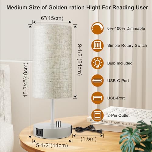 LTBLIGHT 2 Pack White Bedside Table Lamps with USB A+C Charging & AC Outlet