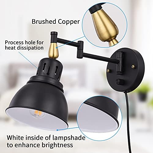 TRLIFE Plug in Wall Sconces, Dimmable Wall Sconces Retractable Swing Arm Wall Lamp with 6FT Plug in Cord and Dimmer Knob On/Off Switch, E26 Base, UL Listed(2 Pack)