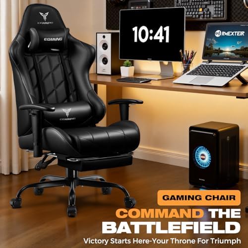 Gaming Chair with Footrest, Ergonomic High-Back PU Leather Computer Chair with 3D Adjustable Armrests, Headrest and Lumbar Support, Office Desk Chair with Diamond Stitching for Adults & Teen