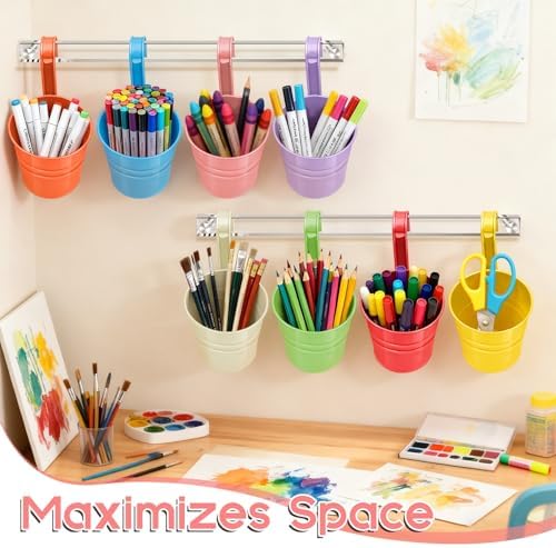 Vowcarol 8 Pack Metal Pencil Holder Crayon Organizer for Classroom with Hanging Rack for Wall, Crayon Holder Hanging Art Storage Buckets for Classroom