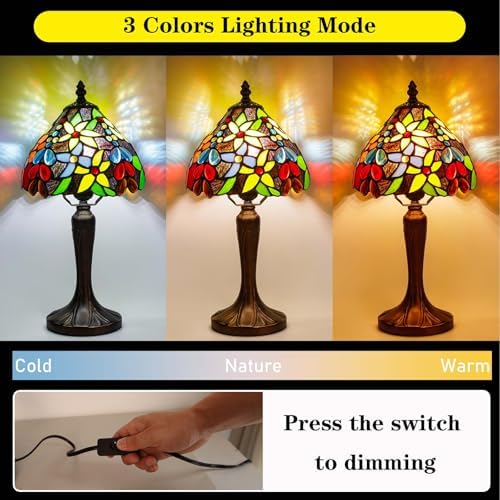 Stained Glass Bedside Small Table Lamp, Adjustable 3 Color Temperature, Floral Flower Style Lampshade & Antique Leaf-Patterned Relief Base Desk Nightstand Light Decor for Bedroom Bookcase