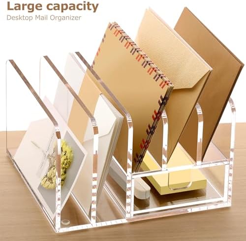 Acrylic Mail Sorter Desk Organizer Holder with Drawer, 5 Compartments Clear