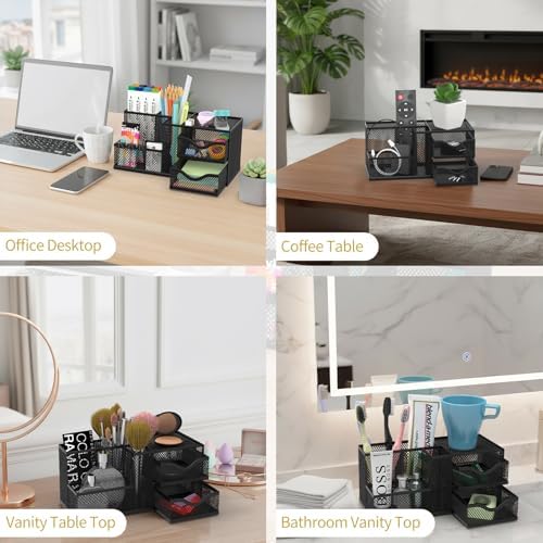 Mesh Desk Organizer with 2 Drawers and 5 Compartments, Pen Holder for Desk