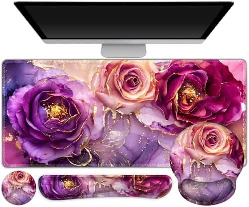 Gaming Mouse Pad Large Desk Mat, Cute Purple Marble Rose Desk Pad Protector