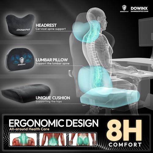 Dowinx Fabric Gaming Chair with Heated Massage Lumbar Support, Game Chairs for Adults, Big and Tall Gamer Chair with Pocket Spring Cushion, High Back PC Chairs with Footrest, Black