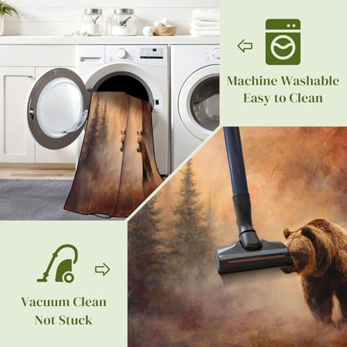 Serene Bear Among Pine Trees Ethereal Misty Landscape Area Rug Outdoor Patio Rug Play Mat Modern Floor Carpet Non-Slip Home Decor Living Room Kids Bedroom Nursery, 9x12 ft