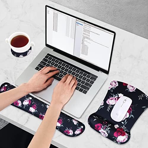 AIMSA Ergonomic Keyboard Wrist Rest and Mouse Pad with Wrist Support Set, Memory Foam Non-Slip Rubber Base, for Home, Office, Easy Typing, Pain Relief, Peony Flowers