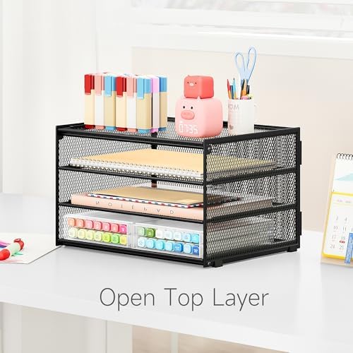 Lavatino 3-Tier Letter Tray Desk Paper Organizer – Black Mesh Metal File Tray Organizer for Desk, Office Supplies & Home Organization | Fits A4/Letter Paper, Mail, Magazines and Office Accessories