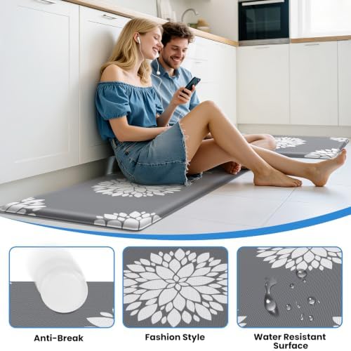 2PCS Kitchen Mats for Floor, Anti Fatigue Non-slip Water Resistant Grey Rug