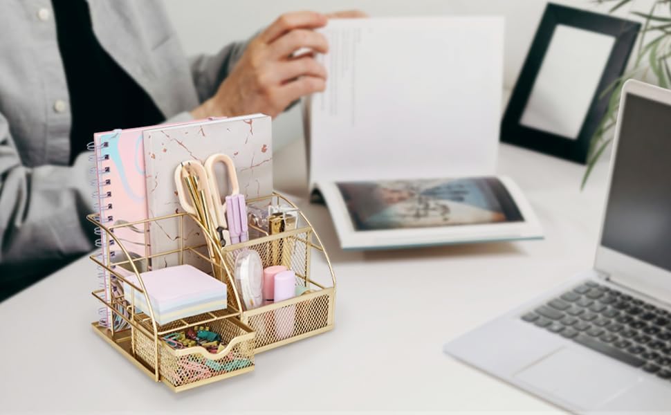 Exerz Desk Organizer Metal Mesh 7 Compartments Office Tidy Caddy Gold
