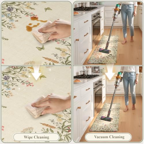 KIMODE Kitchen Mats Cushioned Anti Fatigue 17"x47"+17"x29", Farmhouse Kitchen Mats for Floor 2 Piece, Padded Kitchen Floor Mats Non Slip, Cream Wildflower Standing Mat for Laundry Bath Sink Office