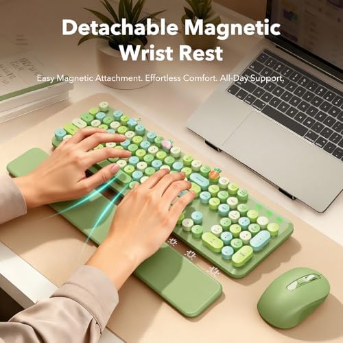 Wireless Keyboard and Mouse Combo, Round Keycap, Magnetic Wrist Rest, Green