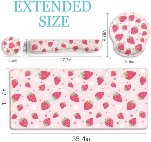 LIMKRIAN Strawberry Mouse Pad Large Desk Mat Set, Pink Ergonomic Mouse Pad