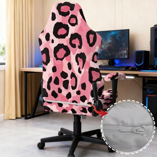 Pink Leopard Print Gaming Chair Cover with Armrest Cover Easy to Install Zipper Design Slipcover Scratch Proof Universal Swivel Desk Chair Protector Washable 4 Pieces