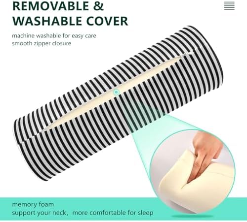 Black White Stripes Neck Roll Pillow - Extra Dense Memory Foam Round Cylinder Bolster for Cervical Support, Spondylosis, Neck Pain Relief