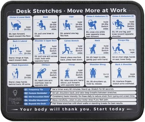 Desk Stretches Mouse Pad, Office Posture Exercise Guide Desk Mat, Non-Slip Smooth Mousepad for RSI Relief Remote Workers Gamers