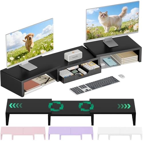 OPNICE Dual Computer Monitor Stand Riser, Desk Organizer with Drawer, Office Desk Accessories & Workspace Organizers for Home Office Supplies, Black